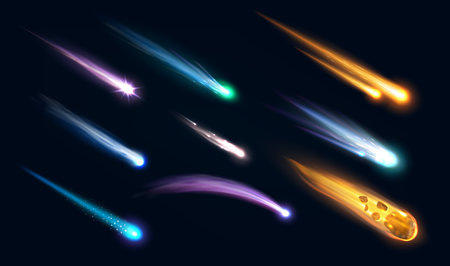Realistic galaxy space meteors, comets and asteroids with flame trails. 3d vector falling fiery meteorites, shooting stars, cosmic fireballs streaking the night starry sky with colorful glowing tailsのイラスト素材