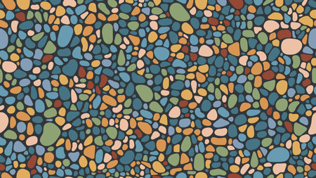 Mosaic gravel and pebble stone seamless pattern color paving background. Vector street cobblestone, garden sidewalk tile with colorful paving rocks or gravel for wallpaper, patio and outdoor spaceのイラスト素材