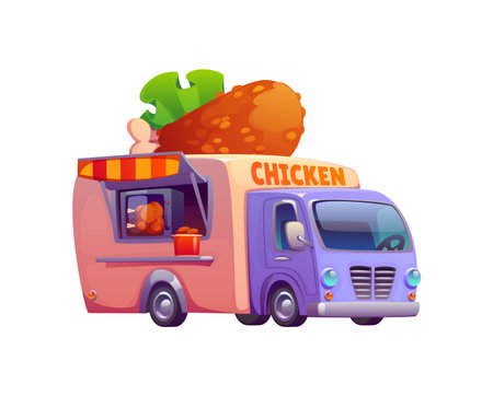 Cartoon street food truck, vintage festival foodtruck serving fried chicken, featuring a large crispy drumstick on its roof. Isolated vector mobile eatery van has a service window with striped awningのイラスト素材