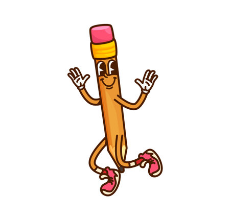 Cartoon groovy pencil school stationery character. Isolated vector cheerful writing tool personage with sneakers and expressive smile, happily jumping with excitement. Educational and playful pencilのイラスト素材