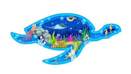 Paper cut turtle silhouette with underwater landscape and fishes, vector background. Ocean undersea or sea underwater with paper cut turtle with stingray or manta ray and cartoon seahorses in seaweedsのイラスト素材