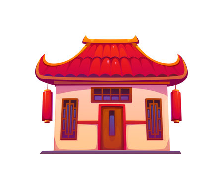 Cartoon Asian building, Chinese or china town house. Isolated vector traditional facade with curved roof and red hanging festive CNY lanterns. Cultural, architectural, historical exterior structureのイラスト素材