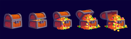Cartoon pirate treasure chest animated game sprite sheet effect, vector animation VFX. Pirate treasure chest closed and opening animated effect or sprite sheet for box with gold coins and gemstonesのイラスト素材