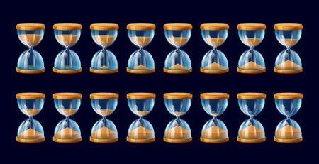 Hourglass or sandglass animation sprite sheet, vector game UI countdown timer. Cartoon vintage...