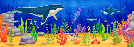 Underwater game background with sea landscape and cartoon animals, giant whale, fish, shark and jellyfish swimming among vibrant coral reefs, rocks and sea plants on ocean floor. Vector marine sceneのイラスト素材