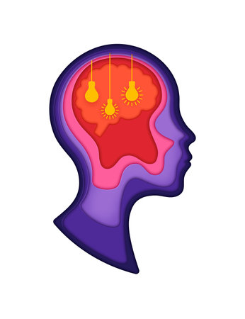 Light bulb ideas in paper cut human head. 3d vector layered papercut frame in shape of male head profile, with glowing light bulbs symbolizing thoughts, insight, mind and inspiration inside the brainのイラスト素材