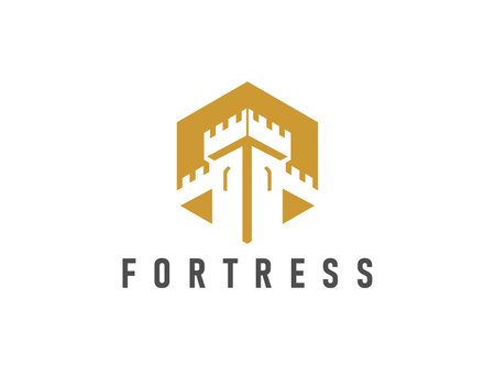Medieval castle tower icon of palace fortress and fort wall tower on shield, vector emblem. Brick castle tower icon for building and construction company, security and software development businessのイラスト素材