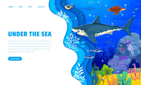 Paper cut landing page with underwater landscape and sea animals, vector webpage template. Ocean undersea or sea underwater landing page or webpage template with cartoon shark, turtle and fishesのイラスト素材