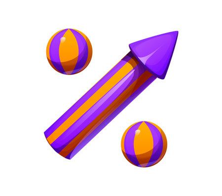 Cartoon circus font percent sign, retro carnival typeface, entertainment type, kids alphabet. Vector abc typography character featuring purple and orange striped balls and arrow exudes a festive vibeのイラスト素材
