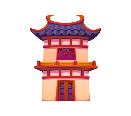 Cartoon traditional Chinese pagoda building with curved rooflines, red wooden balcony and ornate window. China town house structure, Asian architecture, exudes cultural heritage and historical vibeのイラスト素材