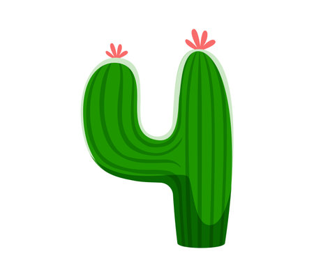 Summer travel font or type, number 4 typeface as cactus, cartoon vector. Summer travel and vacations font of opuntia cactus or tropical plant with flowers in shape of number four for holidays typeのイラスト素材