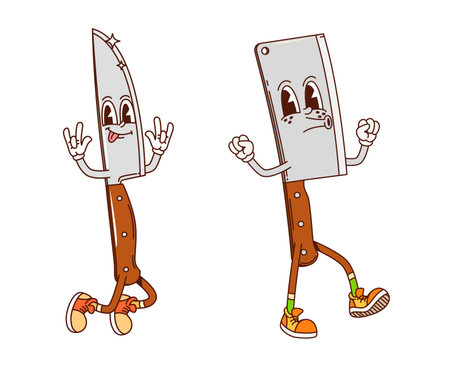 Cartoon groovy kitchen hatchet and knife characters. Retro y2k kitchenware and utensil personages. Isolated vector cutting tools dancing with hands up and a big smile, exuding happiness and rejoiceのイラスト素材