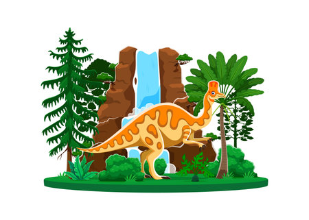 Dinosaur or prehistoric lizard Corythosaurus and Jurassic dino animal, cartoon vector. Prehistoric era Corythosaurus dinosaur of hadrosaurid species for kids paleontology encyclopedia and dino bookのイラスト素材