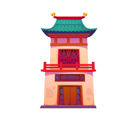 Cartoon traditional Chinese pagoda building with green roof, red wooden balcony and ornate window. China town house structure, classic Asian architecture, cultural heritage and historical eleganceのイラスト素材