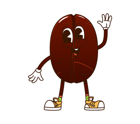 Cartoon funny groovy coffee bean character. Isolated vector playful, roasted brown seed y2k personage showcasing cheerful energetic smile. Bean or nut with expressive eyes, retro gloves and sneakersのイラスト素材