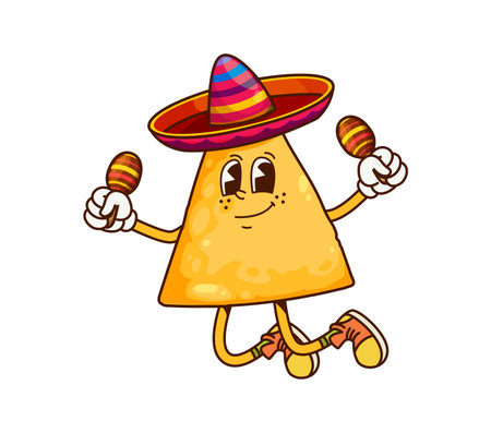 Mexican tortilla nacho chip groovy cheerful character. Fastfood tortilla chip retro cartoon happy character, Mexican nacho meal mariachi musician groovy vector personage with sombrero and maracasのイラスト素材