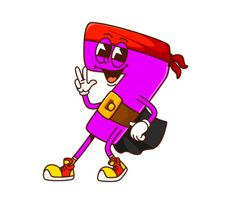 Groovy cartoon math number 7 funny pirate or corsair, vector Caribbean numeral character. Groovy math number Seven 7 as pirate sailor cartoon character in bandana with happy smile and funky faceのイラスト素材