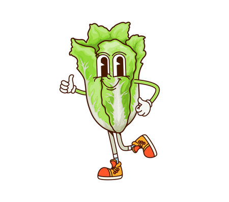 Groovy Chinese cabbage vegetable character on fitness sport, vector cartoon comic. Funky groovy napa cabbage with happy smile or funny face and thumb up gesture jogging on fitness sport trainingのイラスト素材