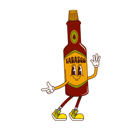Cartoon groovy tabasco sauce character showcasing hippie y2k vibe with bright sneakers. Isolated vector glass bottle with saucy condiment, funky food retro personage character strikes a cheerful poseのイラスト素材