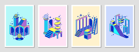Psychedelic y2k posters of stairs and surreal portals with starry space sky. Abstract y2k geometric elements vector banners with aesthetic minimal art stairs, arches and windows, planets, moon, starsのイラスト素材