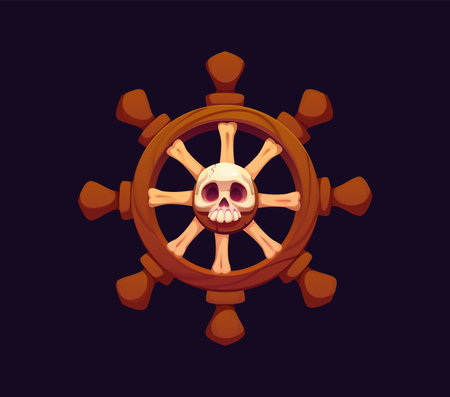 Cartoon ship steering wheel pirate icon. Isolated vector wooden boat helm. Game asset, maritime sailing item with polished spokes and eerie jolly roger skull in center. Vintage nautical sail rudderのイラスト素材