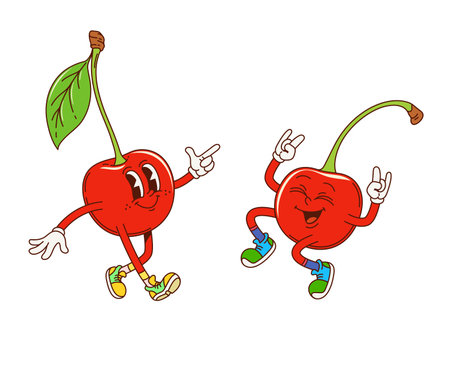 Cartoon groovy cherry berry fruit characters. Two cheerful berries retro personages embodying y2k funky energy, exhibit disco dance moves and joyful expressions. Isolated vector playful cherry friendsのイラスト素材