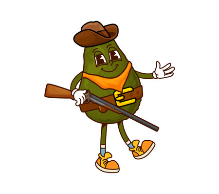 Cartoon groovy avocado cowboy and bandit vegetable character. Funny vector courageous western green fruit ranger, sheriff, robber personage with riffle gun, hat, belt, scarf and retro hippie sneakersのイラスト素材