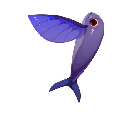 Cartoon underwater font flying fish digit 7 seven. Sea wildlife creature math font figure or number, aquatic animal isolated vector typeset digit or underwater nature typeface numeral symbolのイラスト素材