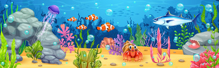 Cartoon underwater landscape for game with fishes and sea animals, vector background . Underwater or ocean world game background with undersea jellyfish, tuna and funny crab with clownfish in actiniaのイラスト素材