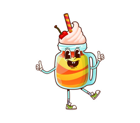 Fast food groovy milkshake dessert happy character. Street menu dessert beverage or meal funny character, sweet smoothie retro cartoon isolated vector mascot. Fast food milkshake cute groovy personageのイラスト素材