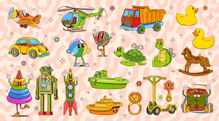 Retro groovy toys characters of cartoon car, balls, robot and rocking horse, vector kids game and education toys. Groovy hippie drum, rocket, funny ducks and truck, rattle and helicopter personagesのイラスト素材