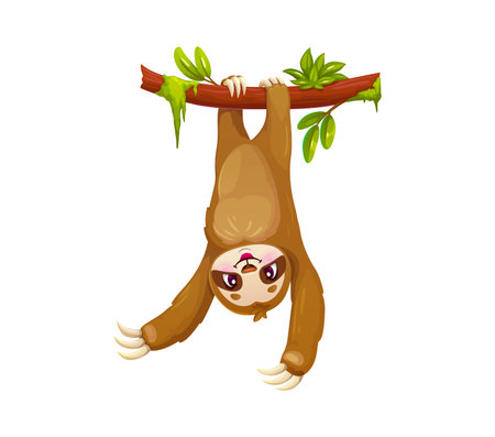 Cartoon lazy sloth animal, funny cute character with a wide cheerful smile, dangles upside down from a tree branch with its long limbs. Isolated vector lovable jungle forest animal personage hangingのイラスト素材