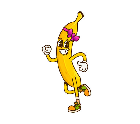 Cartoon groovy banana fruit character celebrating vibrant party with fun and dance. Isolated vector tropical fruit personage with a playful expression, sporting a bow, embodies joy, fun and excitementのイラスト素材