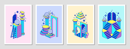 Surreal psychedelic Y2K posters with stairs and portals to planet stars and sky, vector backgrounds. Psychedelic abstract retro Y2K trippy staircases or infinity ladders and surrealistic shapesのイラスト素材
