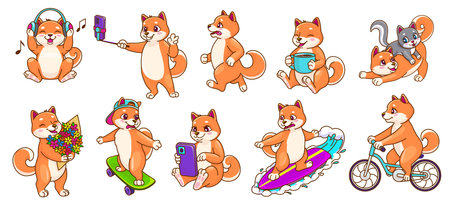 Cartoon cute Shiba Inu dog puppy characters and kawaii pets, vector personages. Japanese Shiba Inu puppy dogs happy playing with kitten cat, drinking coffee or making photo selfie on summer surfboardのイラスト素材