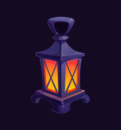 Cartoon glowing pirate lantern icon with dark metallic frame and warm light. Vector antique lamp evokes mystery, adventure and maritime exploration, treasure hunt, ghost ship or medieval fantasy gameのイラスト素材