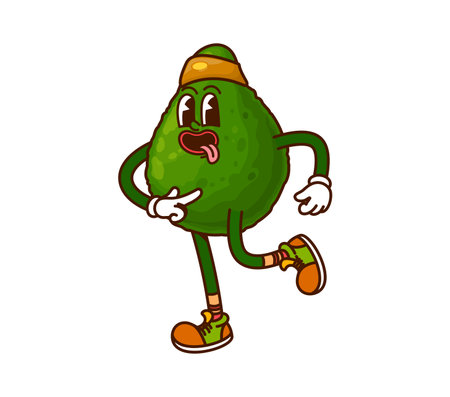 Jogging or running avocado groovy cute character. Ripe vegan food plant 60s 70s groovy funny character, tropical fruit groovy vector cute mascot. Green avocado vintage funky happy personage on fitnessのイラスト素材