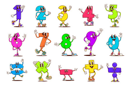Math number groovy characters, vector retro happy mathematics symbol and digit personages. Kids math education groovy characters of cute numbers, equality, plus and minus, division and multiplicationのイラスト素材