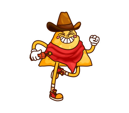Wild West cowboy Mexican triangle nacho chip cartoon cute character. Texas cowboy corn appetizer funny personage. Wild West ranger or bandit nacho chip groovy vector happy mascot running with dynamiteのイラスト素材