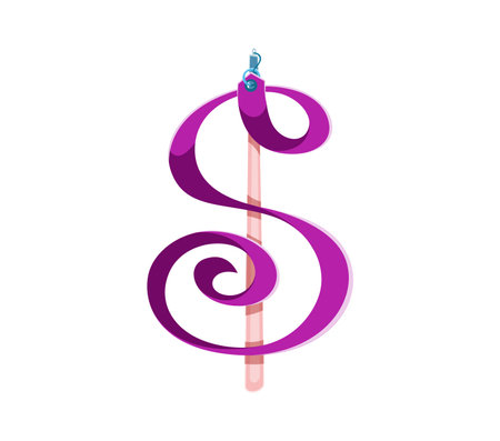 Cartoon dollar sign as a swirling purple gymnastics ribbon on stick. Vector sport font, typeface, funny type, kids alphabet symbol and glyph. Vector typographic character as a sports equipmentのイラスト素材