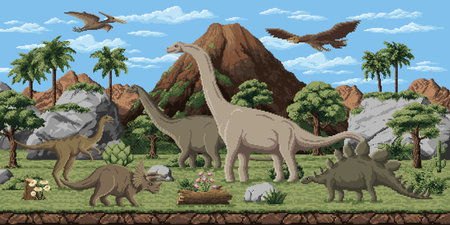 Prehistoric dinosaurs in 8bit pixel art for game landscape, vector background. Cartoon 8 bit pixel art Jurassic lizards and reptiles in jungle forest with volcano for arcade game level and landscapeのイラスト素材