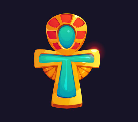 Egyptian ankh religious symbol, ancient Egypt game icon, treasure asset with a golden frame and turquoise gemstone inlays, emitting a mystical glow, evoking a sense of ancient power and divine energyのイラスト素材