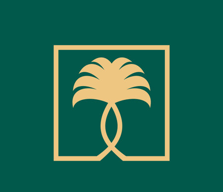 Tropical summer palm or beach tree symbol for hotel or SPA resort, vector icon. Palm tree in golden frame with tropical leaves for exotic tropic garden park or vacation travel and summer islandのイラスト素材