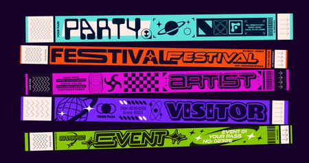 Festival ticket, 2k event party bracelet pass. Realistic 3d vector set of retro modern wristbands for festivals, live music concert and vip event access in nightclubs and entertainment venuesのイラスト素材