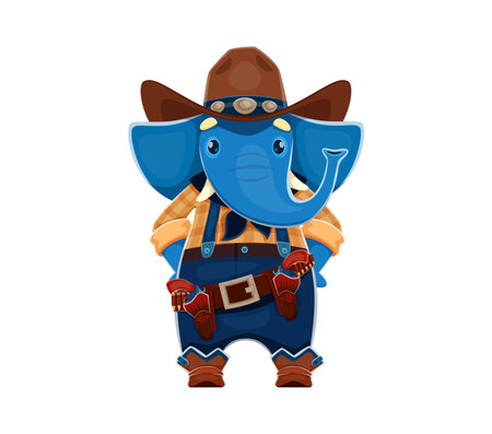 Cartoon elephant cowboy or Western sheriff and Wild West robber bandit, vector animal character. Funny elephant Texas ranger in cowboy hat with revolver guns in bandoleer for cartoon characterのイラスト素材