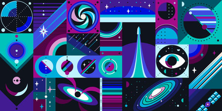 Geometric galaxy space and planets pattern. Vector abstract outer space background with stars,...