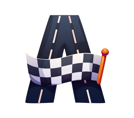 Car racing sport font racing track flag letter A. Car speed competition kids ABC font element, auto race championship vector English alphabet typeset sign. Automobile road racing rally typeface symbolのイラスト素材