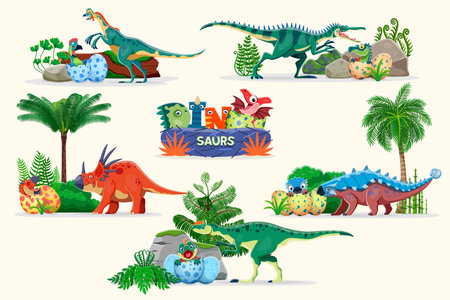 Prehistoric mother dinosaurs with kids in eggs. Cartoon vector charming dino family moms oviraptor, baryonyx, styracosaurus, kileskus, ankylosaurus and their babies nesting with the vivid eggshellsのイラスト素材