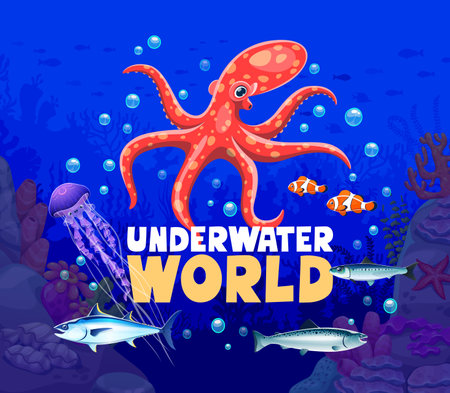 Save the Ocean banner with cartoon octopus, jellyfish and fishes, vector poster. Save the Ocean ecosystem and underwater environment protection or aquatic animals conservation and ecology bannerのイラスト素材