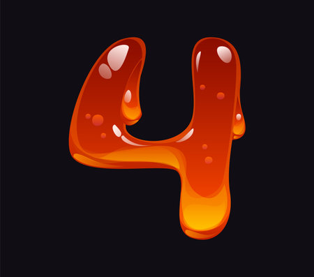 Tasty honey cartoon font digit 4 four. Tasty amber flow alphabet typeface number, yellow honey vector ABC type numeral symbol. Sweet candy cartoon math font figure or mathematics typeface digitのイラスト素材